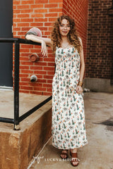 Lucky & Blessed Midikleid mit Kaktus- und Cowboy-Print in Creme