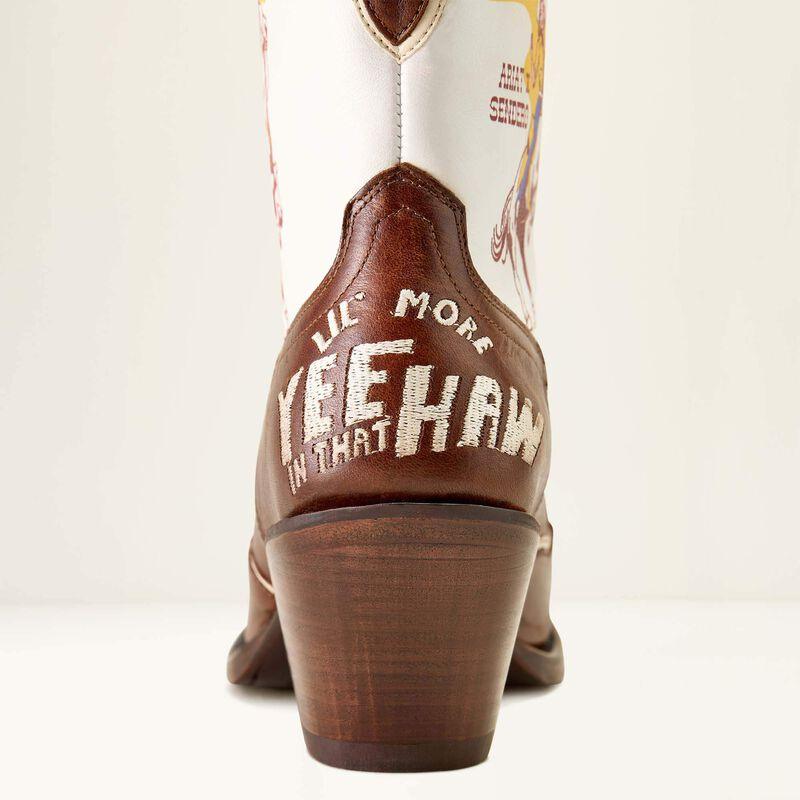 Close-up of a cowboy boot with text on a white background