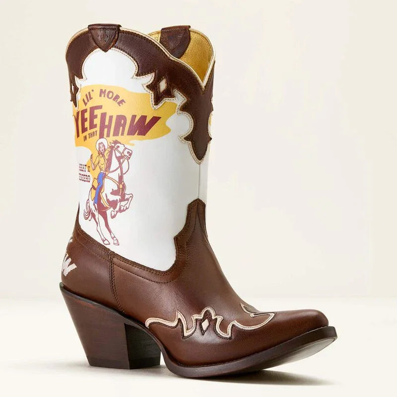 Brown and white cowboy boot with graphic design on a beige background