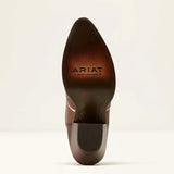 Brown leather boot sole with 'Ariat' branding on a beige background