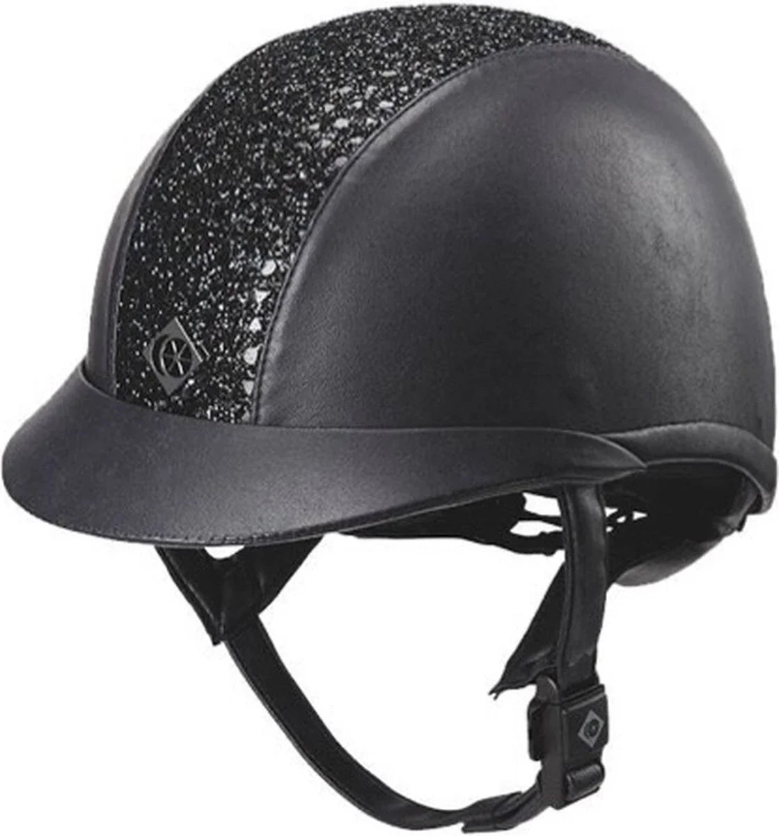 Black helmet with decorative headband on a white background