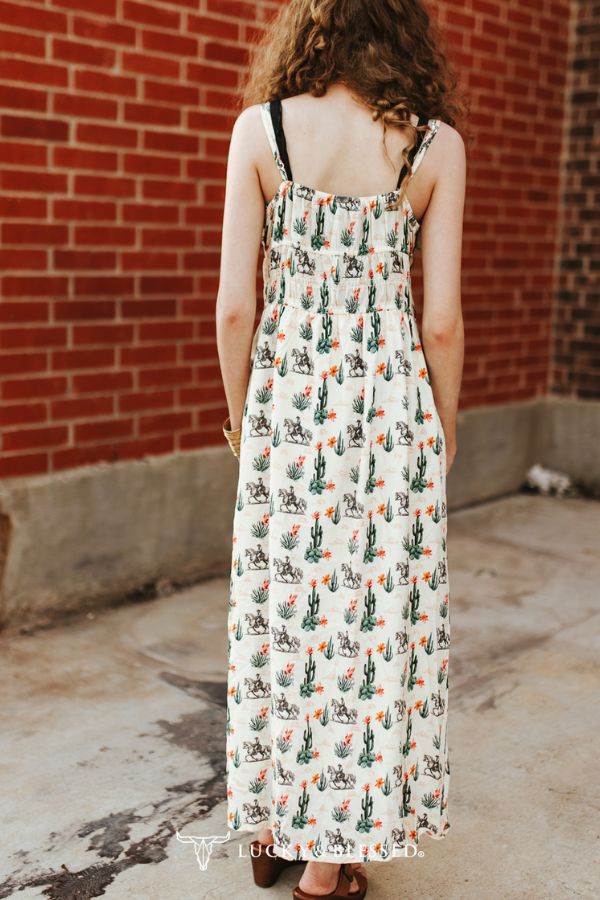 Lucky & blessed Cream Cactus & Cowboy Print Midi Dress