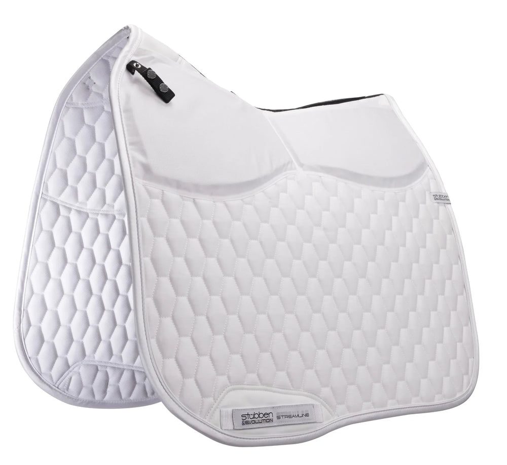 White quilted saddle pad with a visible brand logo on a white background
