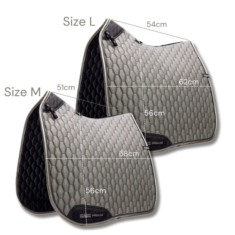Two saddle pads with measurements on a white background