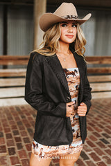 Lucky & Blessed Western-Blazer aus schwarzem, strukturiertem Leder mit handgenähter Passe
