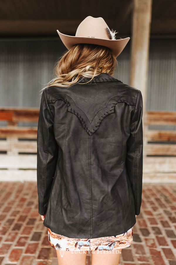 Lucky & Blessed Western-Blazer aus schwarzem, strukturiertem Leder mit handgenähter Passe