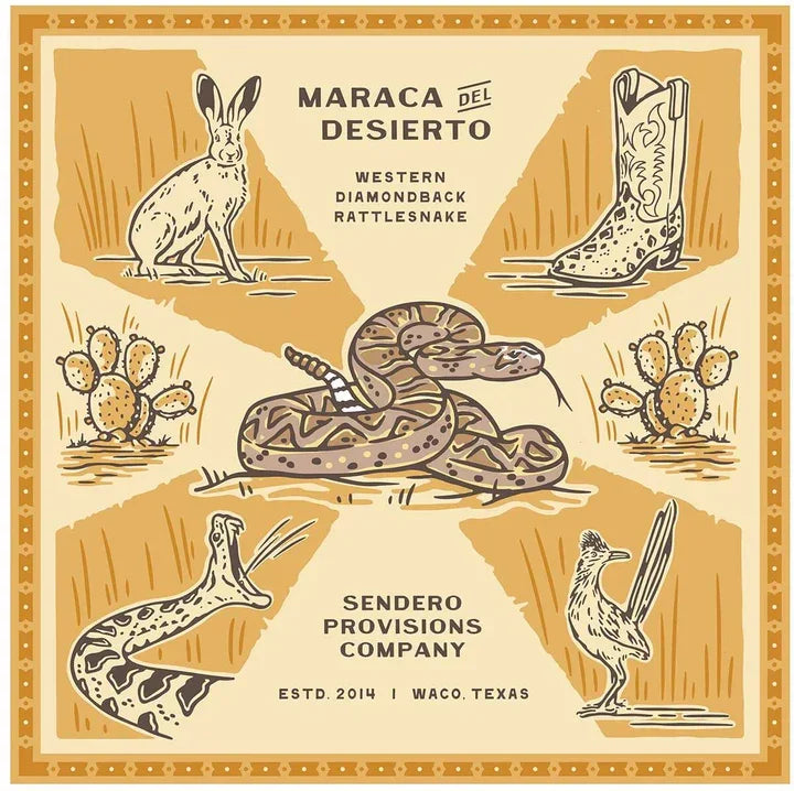 bandana of desert-themed elements with text about Sendero Provisions Company.