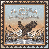 Decorative design with an eagle and mountains, featuring the text 'El Aguila Que No Caza Moscas'.